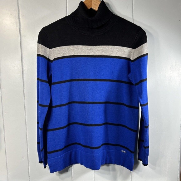 Calvin Klein womens Size XS Womens Turtleneck Sweater Blue Stripe Preppy - Picture 1 of 11